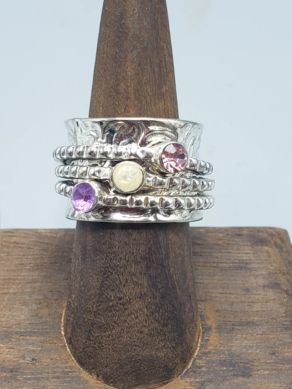 Silver Spinner Ring - 3 Multi-Stack Ring w/ Pink Purple Cream Stones - Hammered